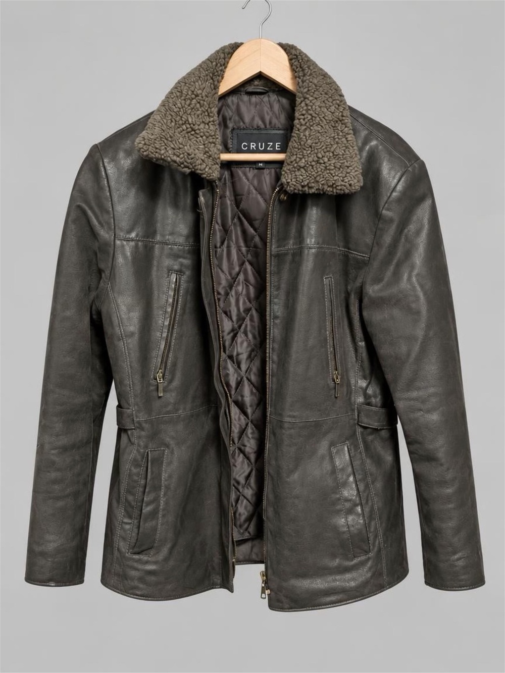 Women’s Cruze 17608 Brown Leather Jacket Sherpa Collar Quilted Lined XL